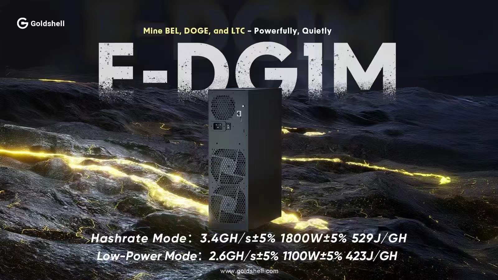 Goldshell E-DG1M mining machine for BEL, DOGE, and LTC cryptocurrencies with dual modes – Hashrate mode: 3.4 GH/s, 1800W, 529 J/GH; Low-Power mode: 2.6 GH/s, 1100W, 423 J/GH. Efficient, quiet crypto miner for Dogecoin, Litecoin, and Bells mining.