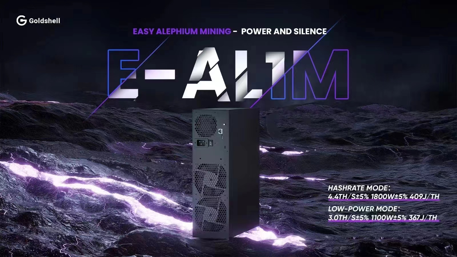 Goldshell E-AL1M Alephium Miner - Easy Alephium Mining, Power and Silence, Hashrate Mode 4.4TH/s at 1800W with 409J/TH, Low-Power Mode 3.0TH/s at 1100W with 367J/TH. Advanced and efficient mining machine for optimized cryptocurrency mining performance.